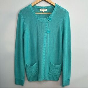 JNY Open Front Buttons Cable Knit Cardigan Teal Sz M Cotton Cottagecore Pocket
